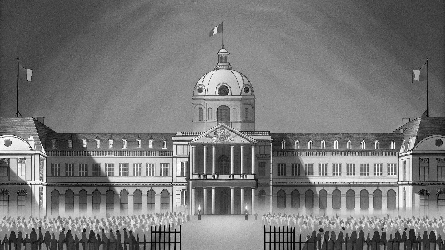 Grilles d’un lycée français devant lesquelles se dessinent des silhouettes abstraites et des barrières symbolisant la mobilisation scolaire.