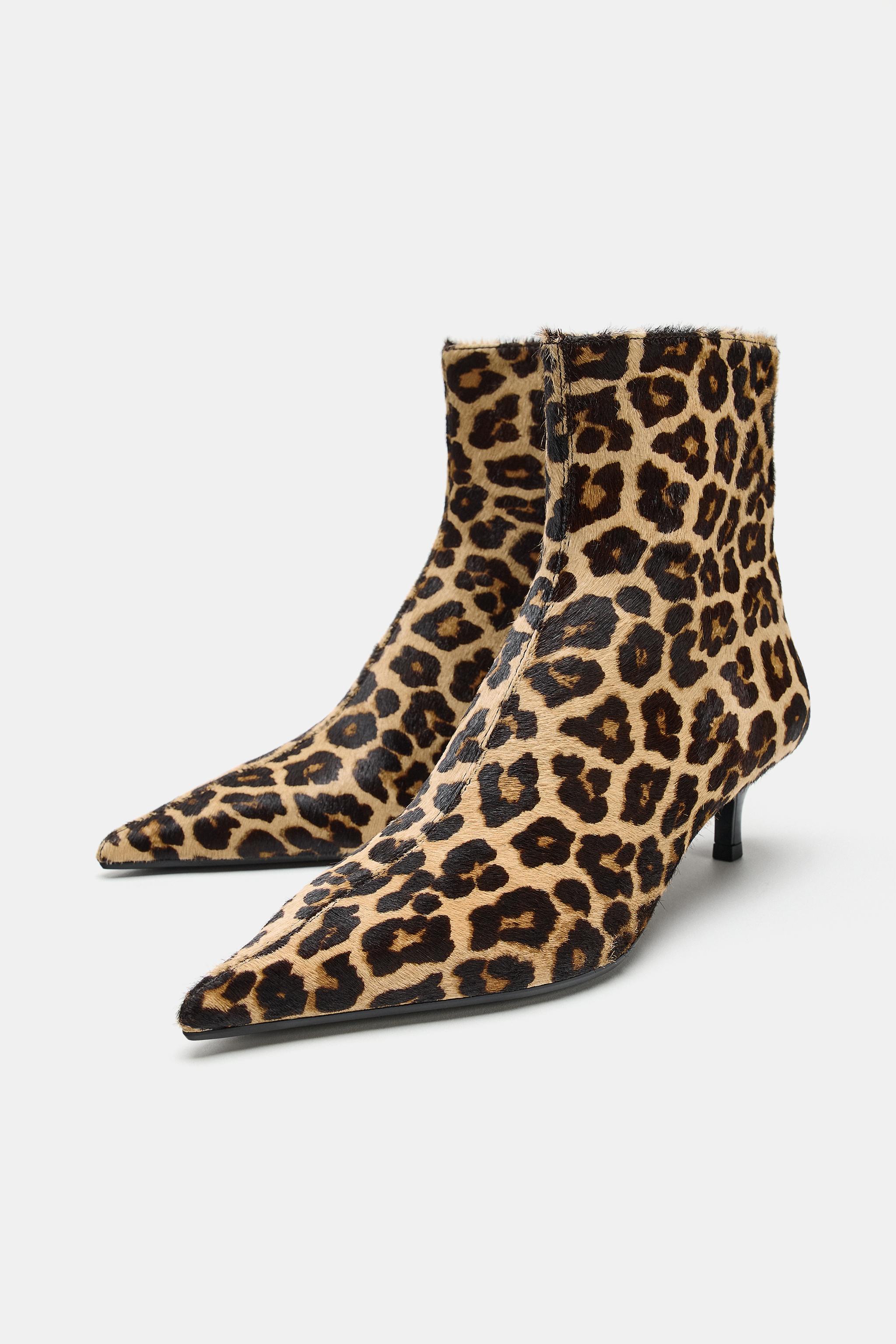 zara, PRINTED LEATHER KITTEN ANKLE BOOTS
