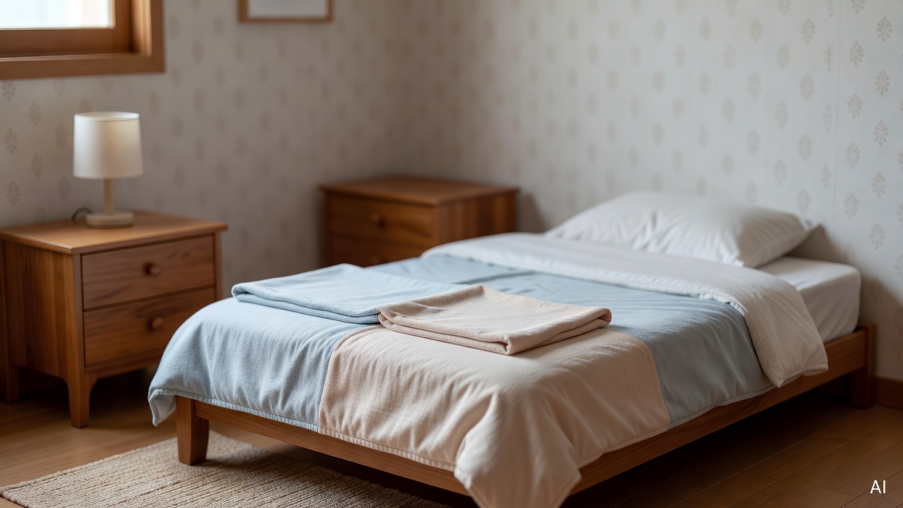 child's bedroom with a small bed, night lamp on a wooden nightstand, and folded blanket