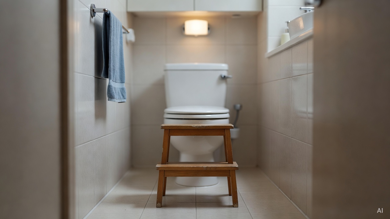 child's bathroom with a small step stool in front of a white toilet, soft lighting from a wall fixture