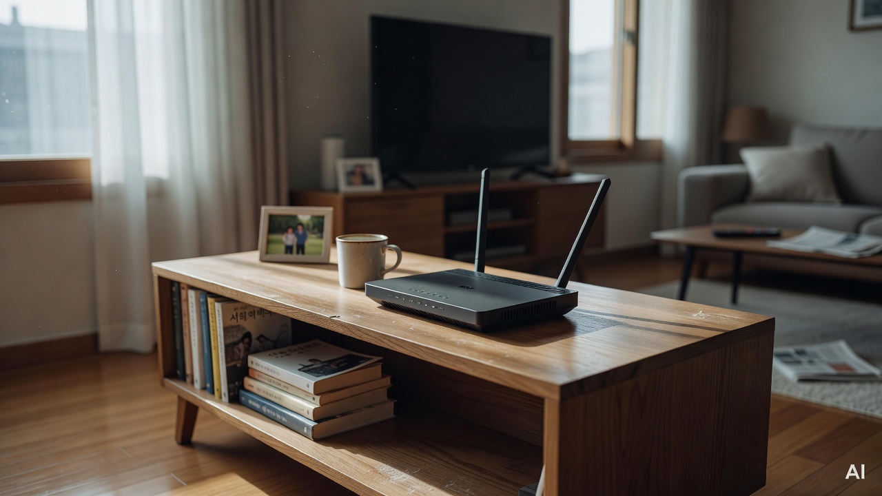 wi-fi router placed on a living room shelf near the center of a home