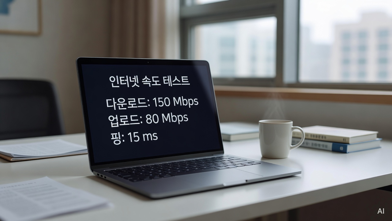 laptop screen showing internet speed test result on a clean white desk