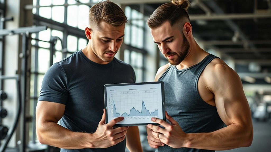Personal trainer analyzing a workout progress chart on a tablet with a client in a modern gym, natur