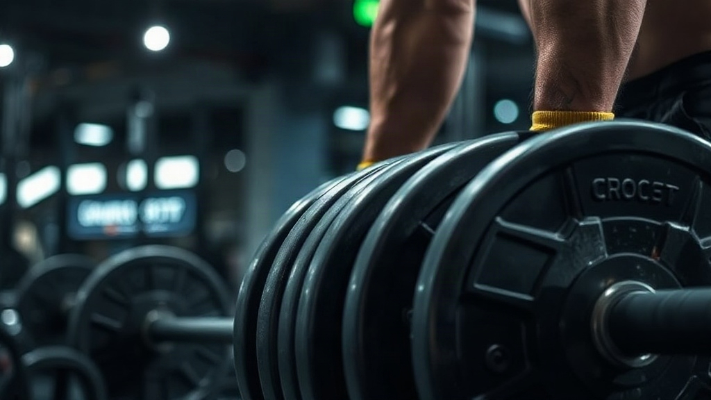 Close-up of a weightlifter loading additional weight plates onto a barbell in a gym, dramatic lighti