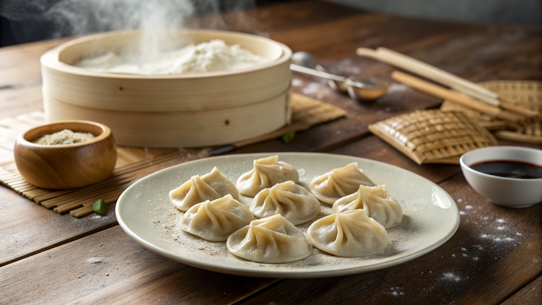 Plate of homemade pork wontons with steam rising, styled on a rustic wooden table