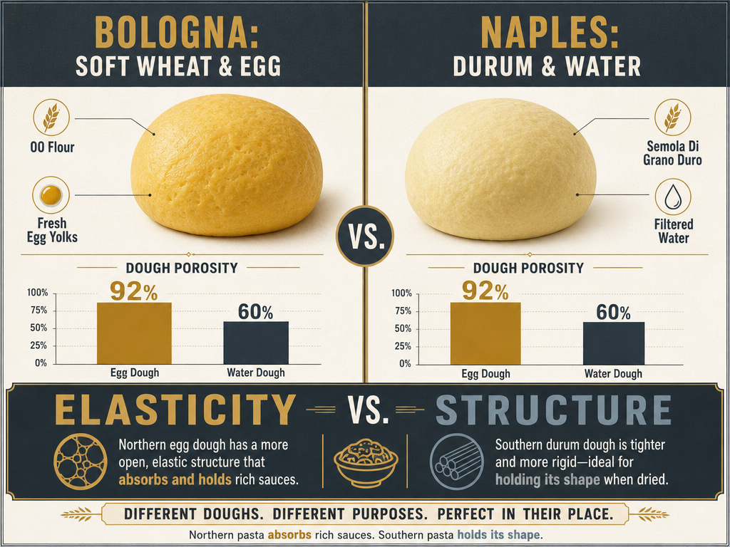 Comparison of Italian pasta dough types: Bologna's soft wheat and egg dough versus Naples' durum wheat and water dough with porosity metrics.