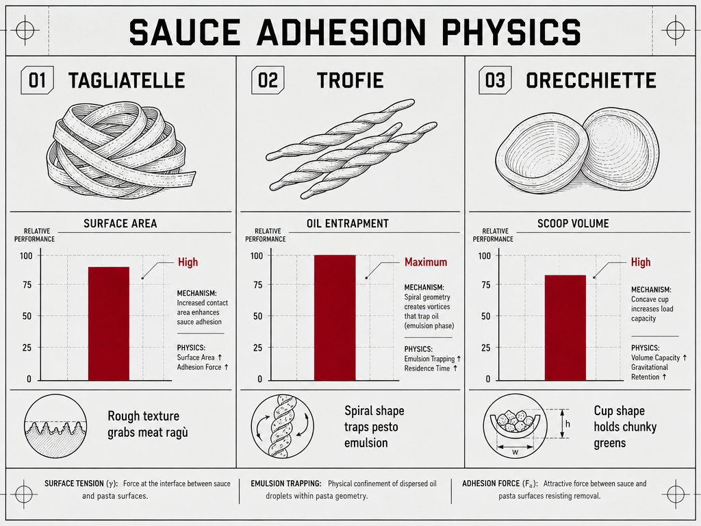 Technical chart comparing the sauce adhesion of Tagliatelle, Trofie, and Orecchiette pasta shapes using vertical bar metrics.