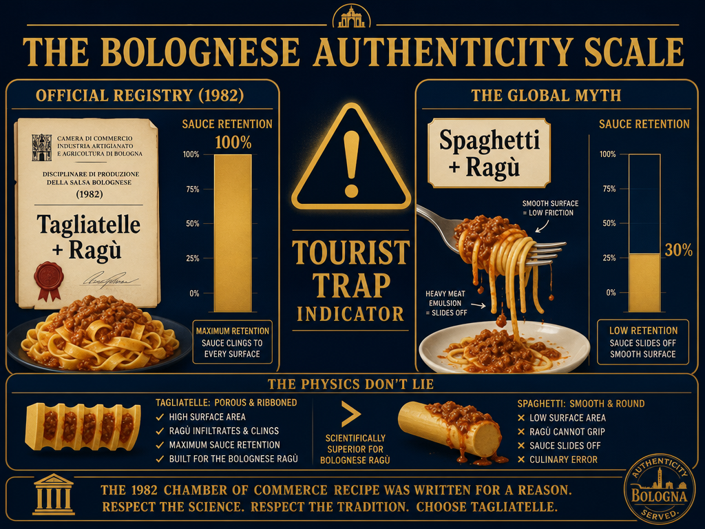 Comparison of sauce retention between authentic Tagliatelle and the common myth of Spaghetti Bolognese based on 1982 official recipes.