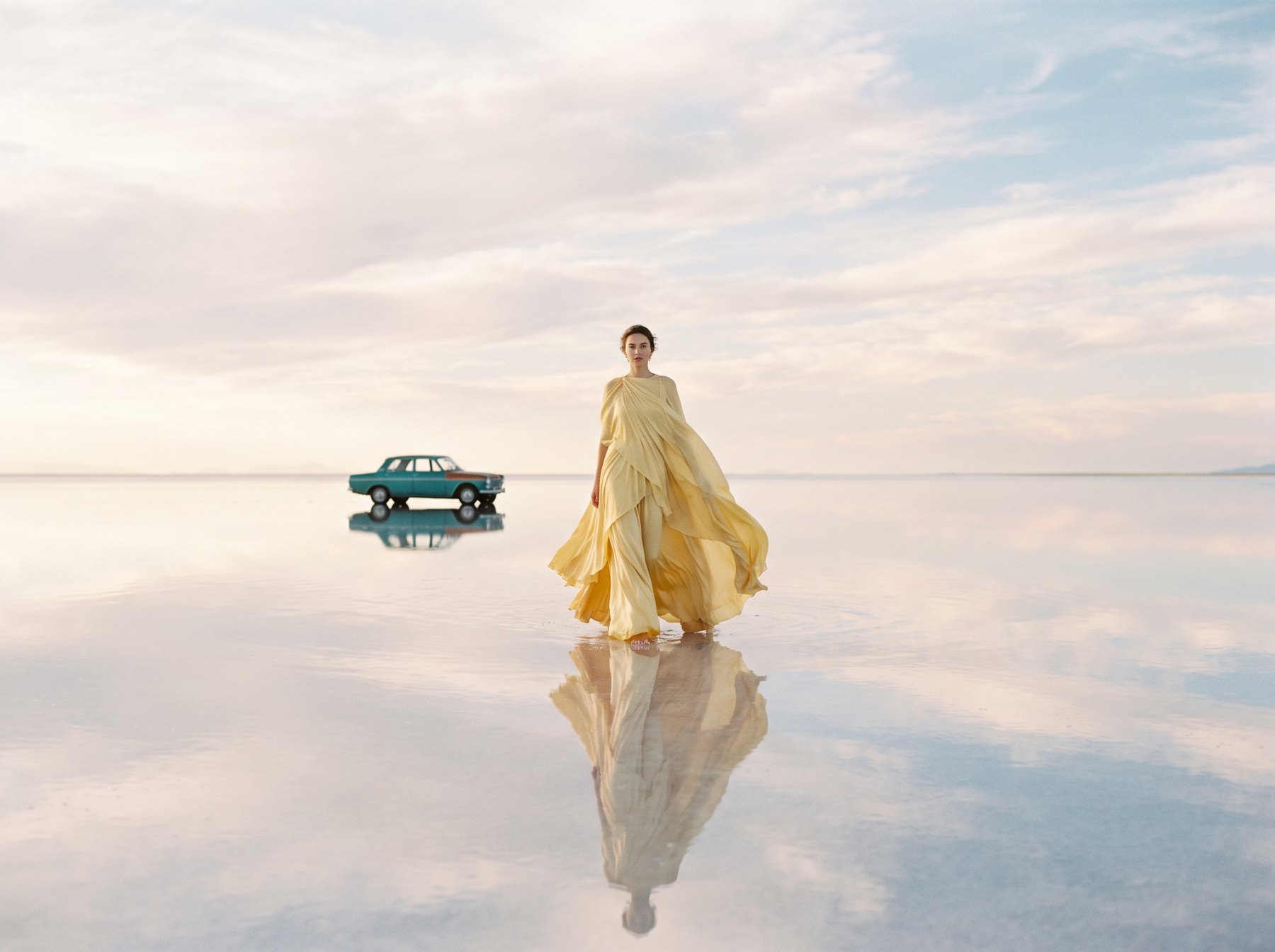 Nano Banana 2.1 fashion photograph on a reflective salt flat