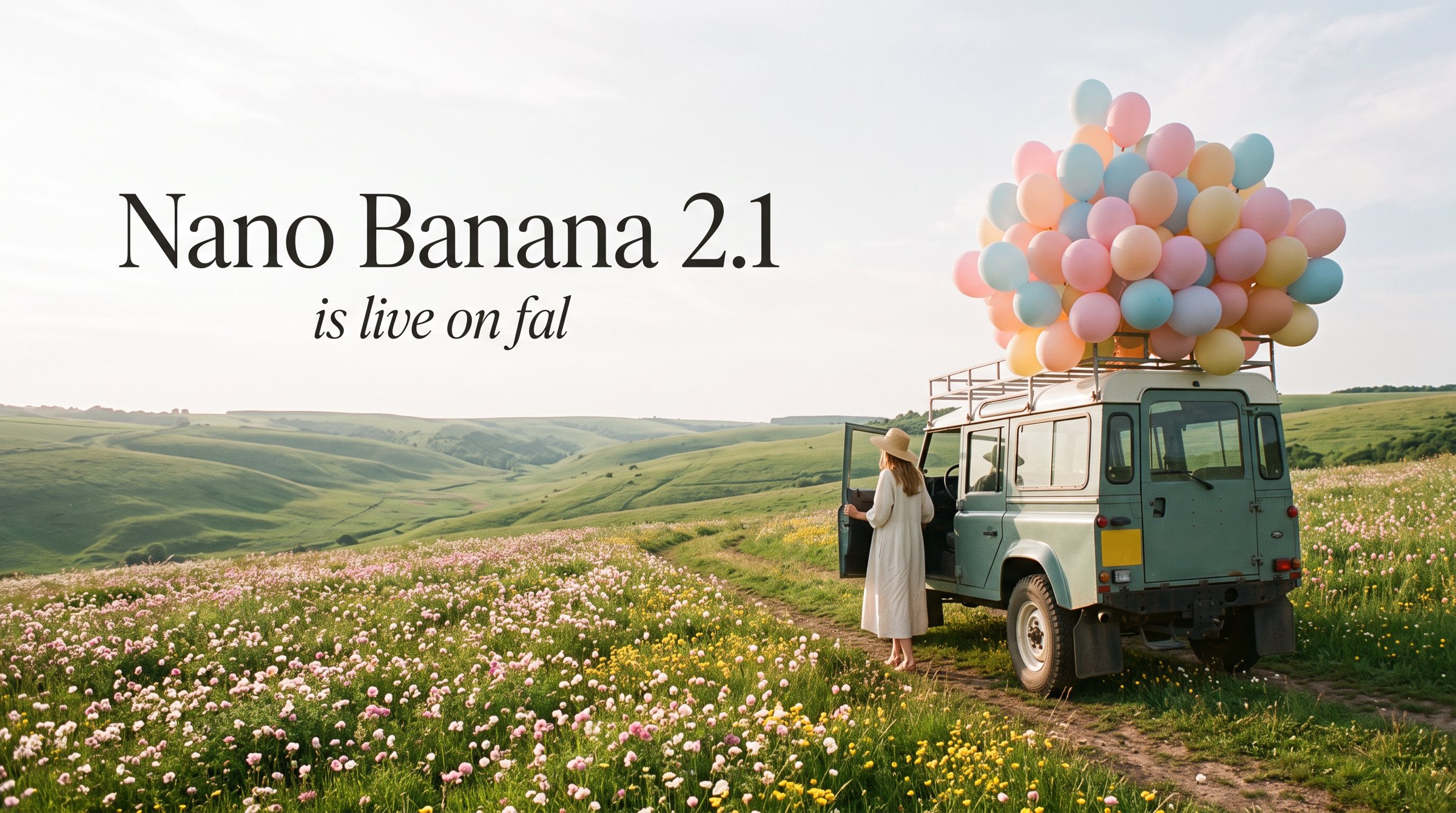 Nano Banana 2.1 surreal fashion scene in a wildflower valley
