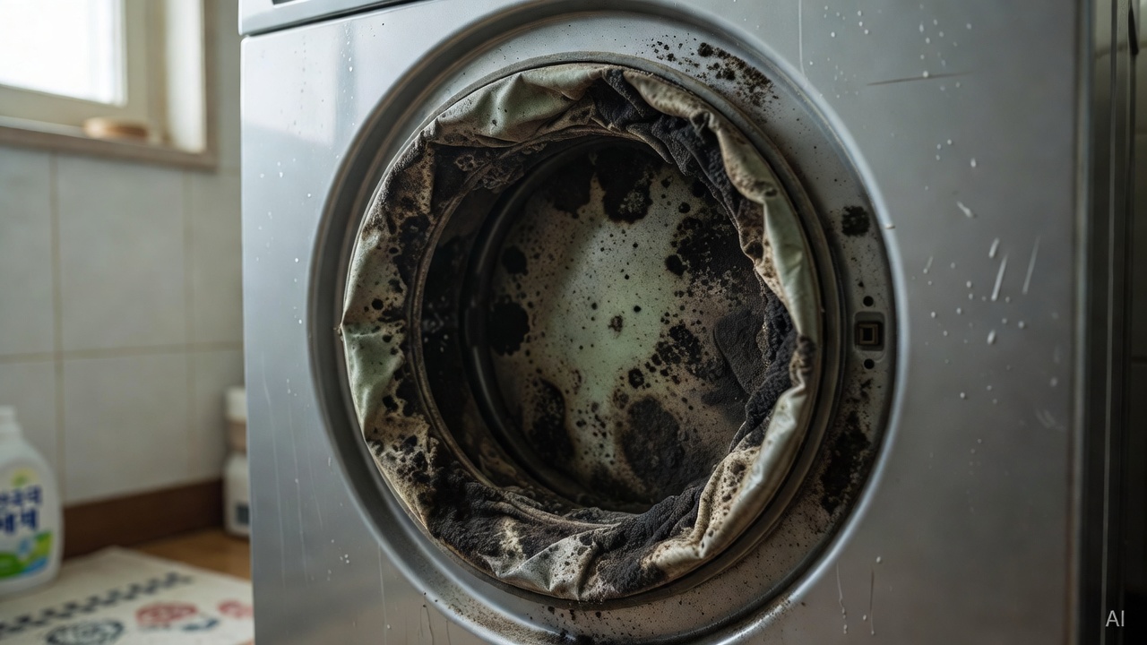 washing machine drum interior showing black mold on rubber gasket seal