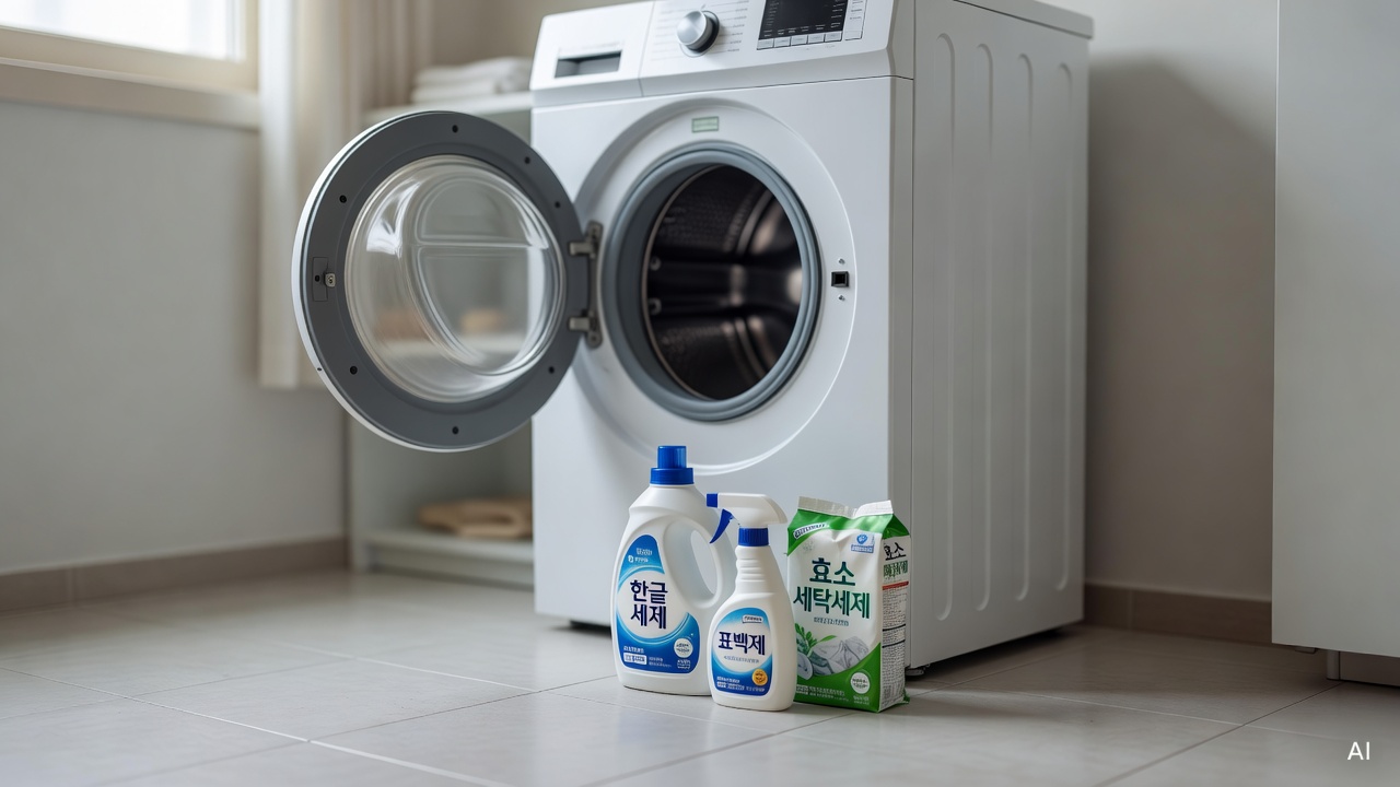 white washing machine door open with cleaning supplies on laundry room floor