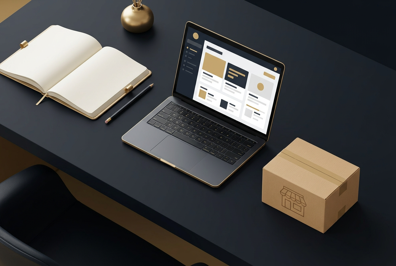 Desk with notebook, laptop course modules and storefront box representing free, self-study and coaching ecommerce paths, charcoal and gold