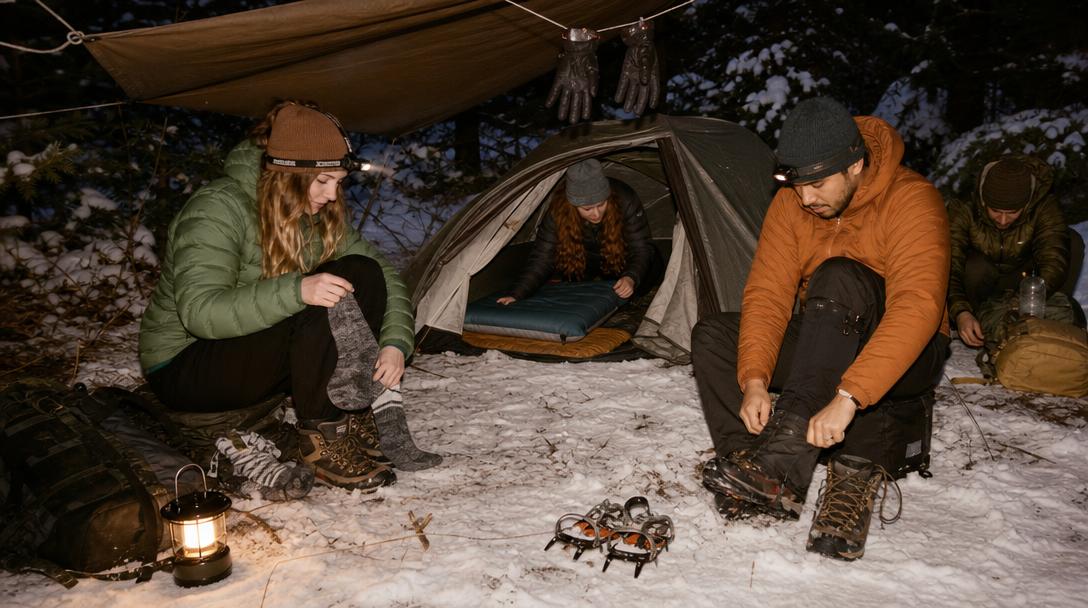 Winter camping mistakes warning with snowy forest background