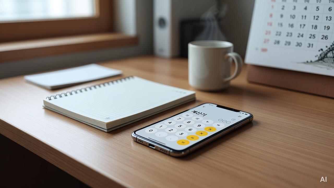 calculator app open on a smartphone screen placed on a wooden desk with a notebook beside it