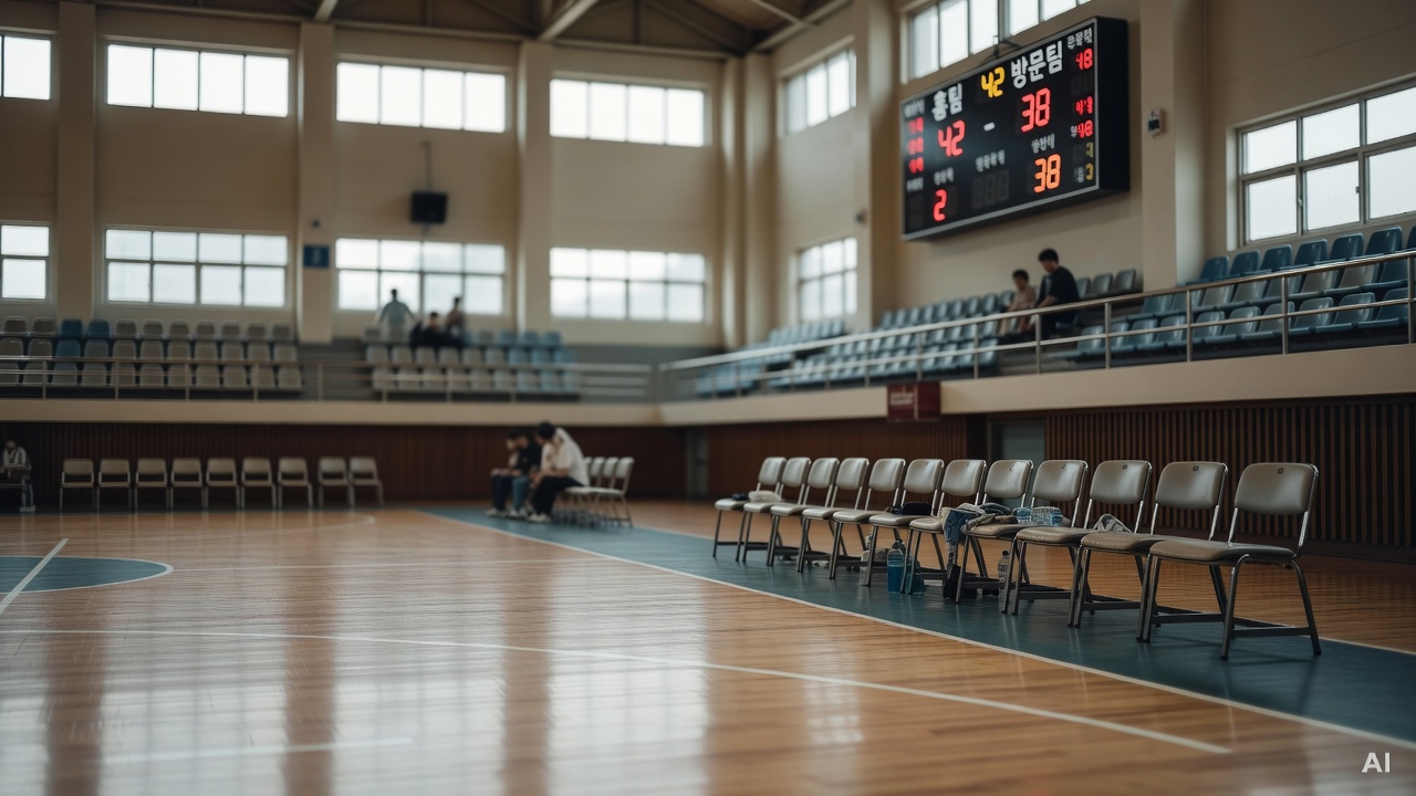 basketball court interior with scoreboard and team bench visible in an indoor arena