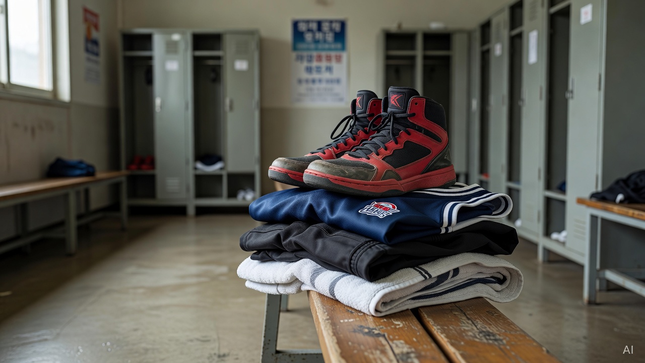 stack of basketball equipment including shoes and jersey on locker room bench