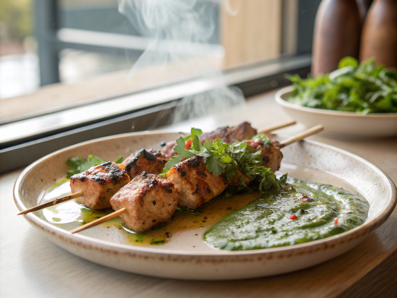Peruvian Grilled Chicken Skewers with Ají Verde Sauce