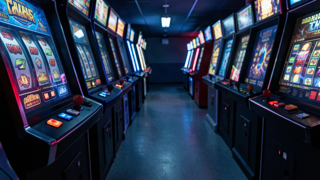 Fila di slot machine accese in una sala giochi vuota