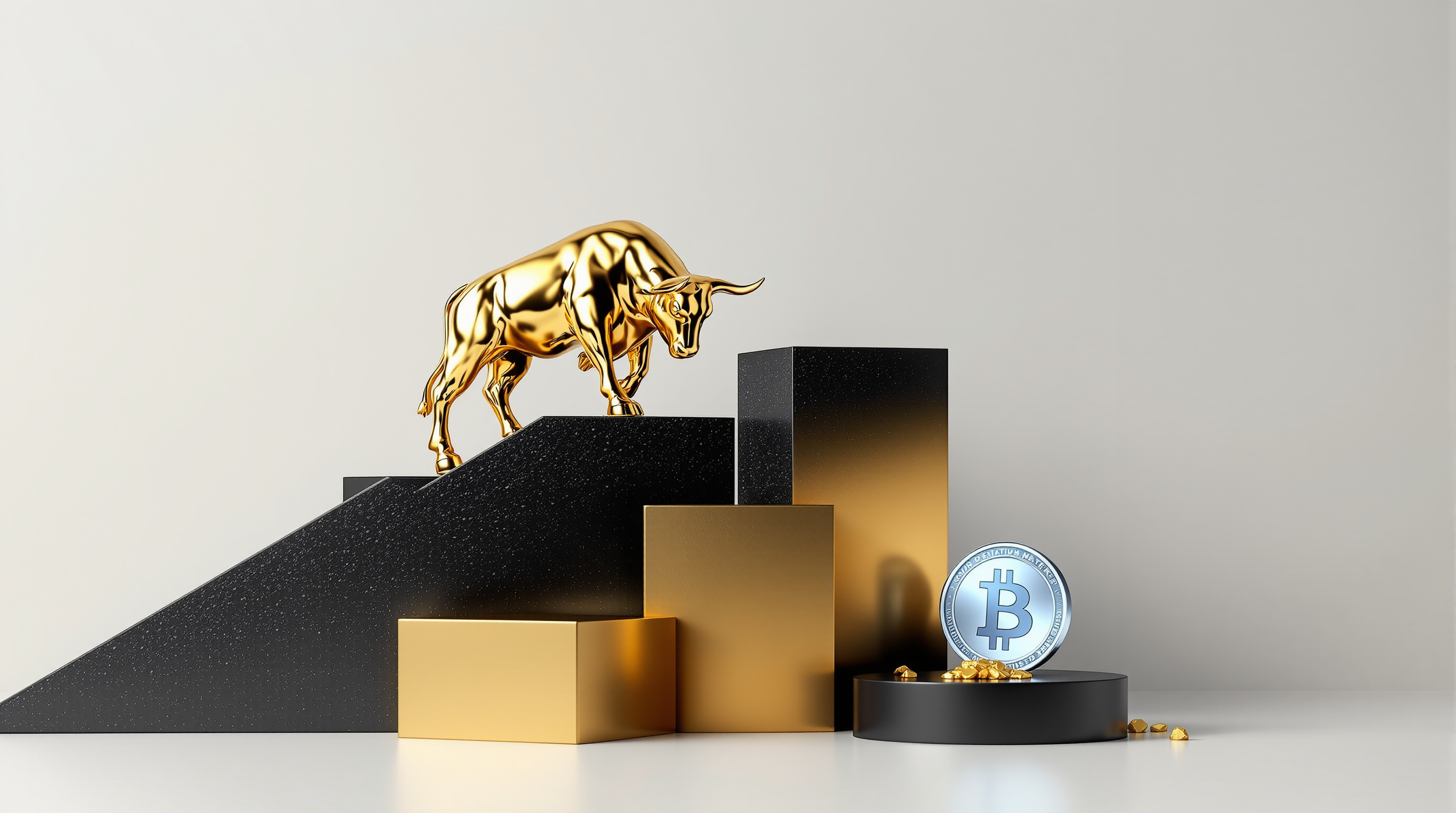 polished gold bull sculpture on ascending stepped black-and-gold market bars, with one silver-blue Bitcoin token mid-slide off a lower bar and a small — editorial cover artwork for the Knightron story on S&P 500 Hits Record High As Tech Rally Extends; Bitcoin Slid