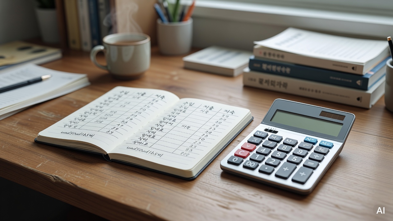 a notebook with a monthly budget table and a calculator placed on a wooden desk