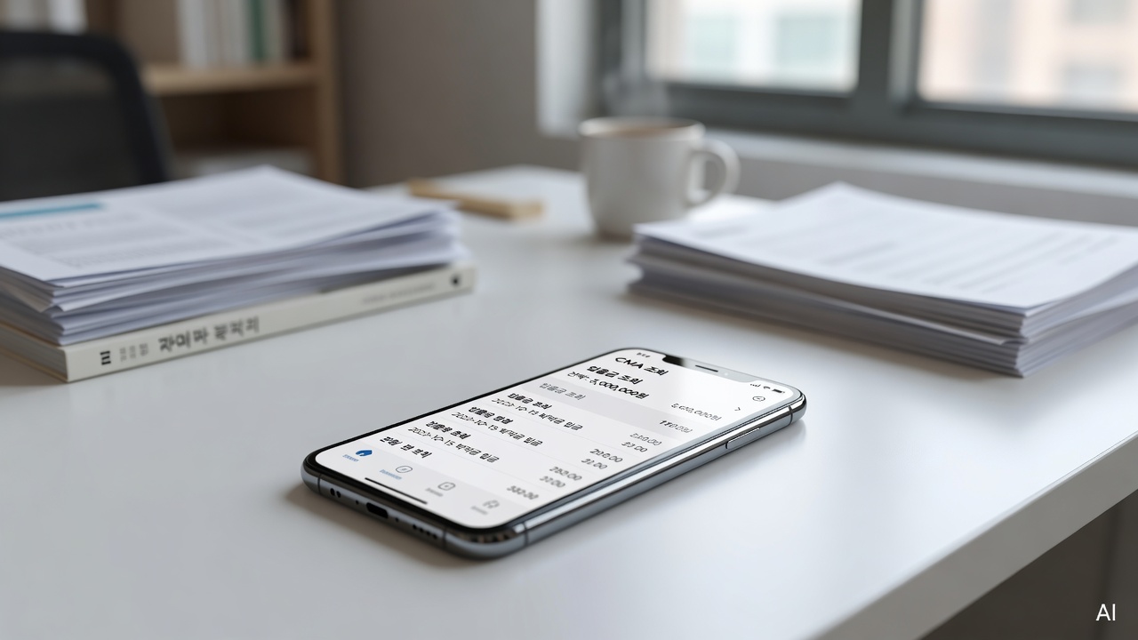 a CMA account screen on a smartphone placed on a white desk
