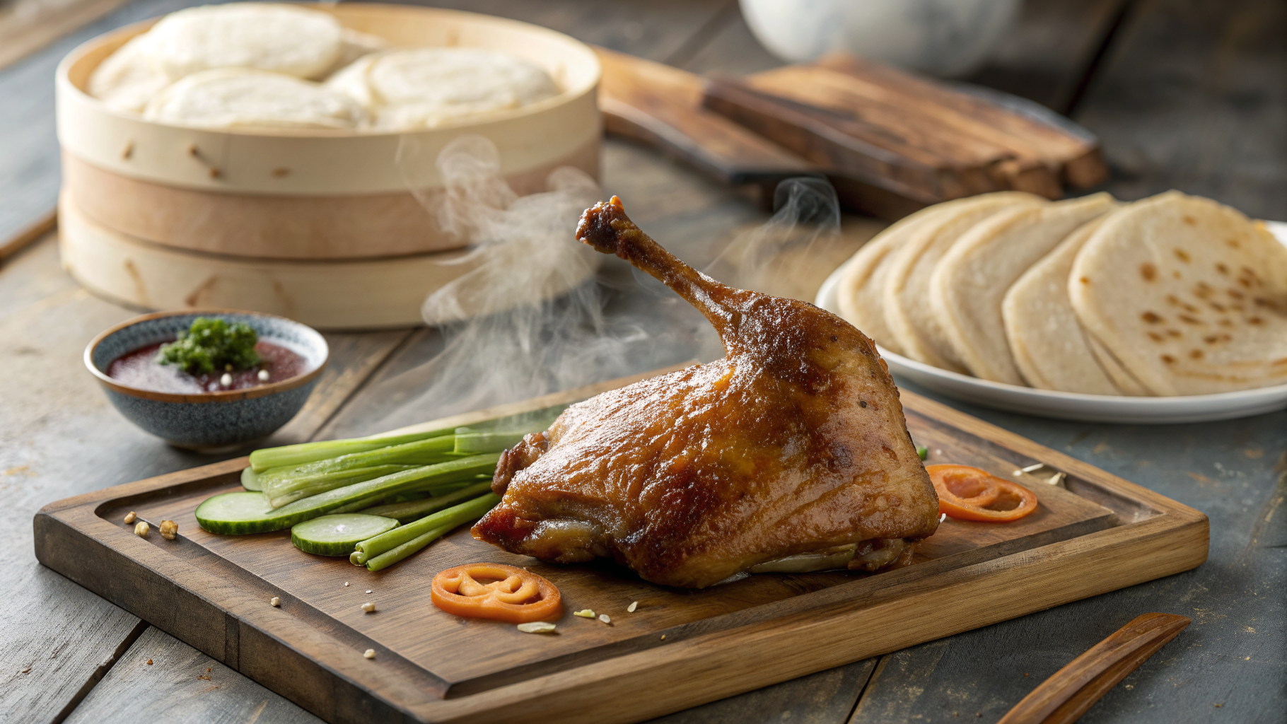 Golden Sichuan Crispy Aromatic Duck leg with crispy skin, served with pancakes and scallions on a rustic wooden board.
