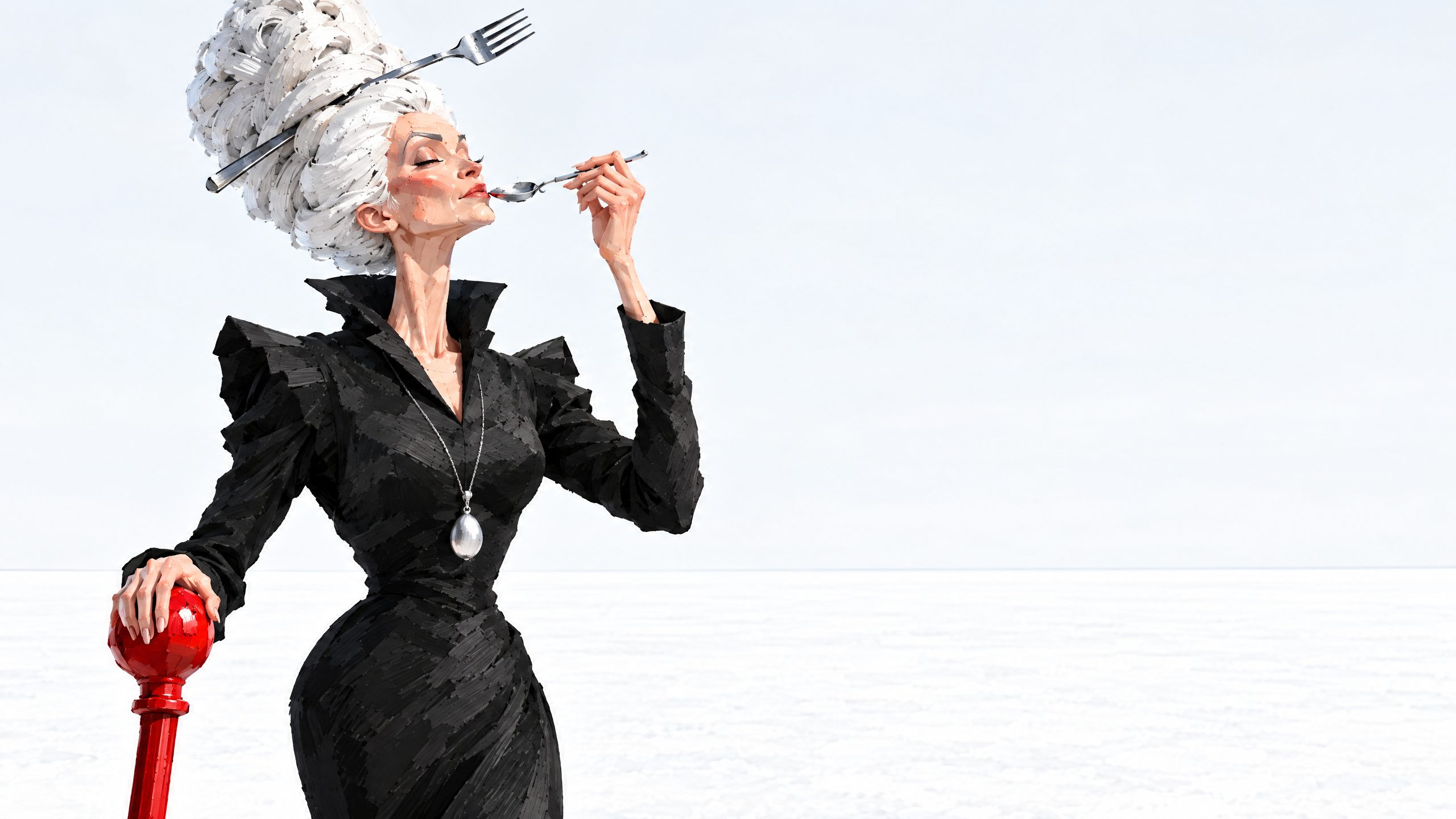 A tall critic with a towering white beehive pierced by a fork tastes from a silver spoon, eyes closed, a red stamp under her other hand, alone on a white salt flat under a pale sky.