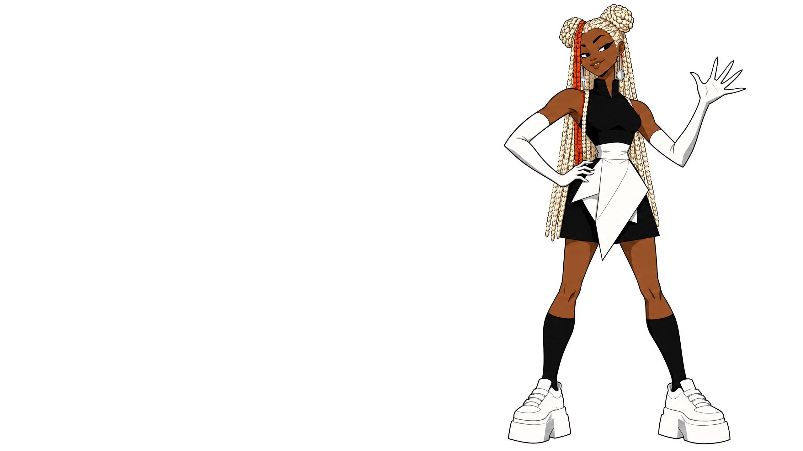 Tomorrow's mascot, a young woman with platinum braids in two buns and one orange streak, a black chef's dress, a white origami apron and long white gloves, one hand on her hip and the other raised like a presenter, standing on white.