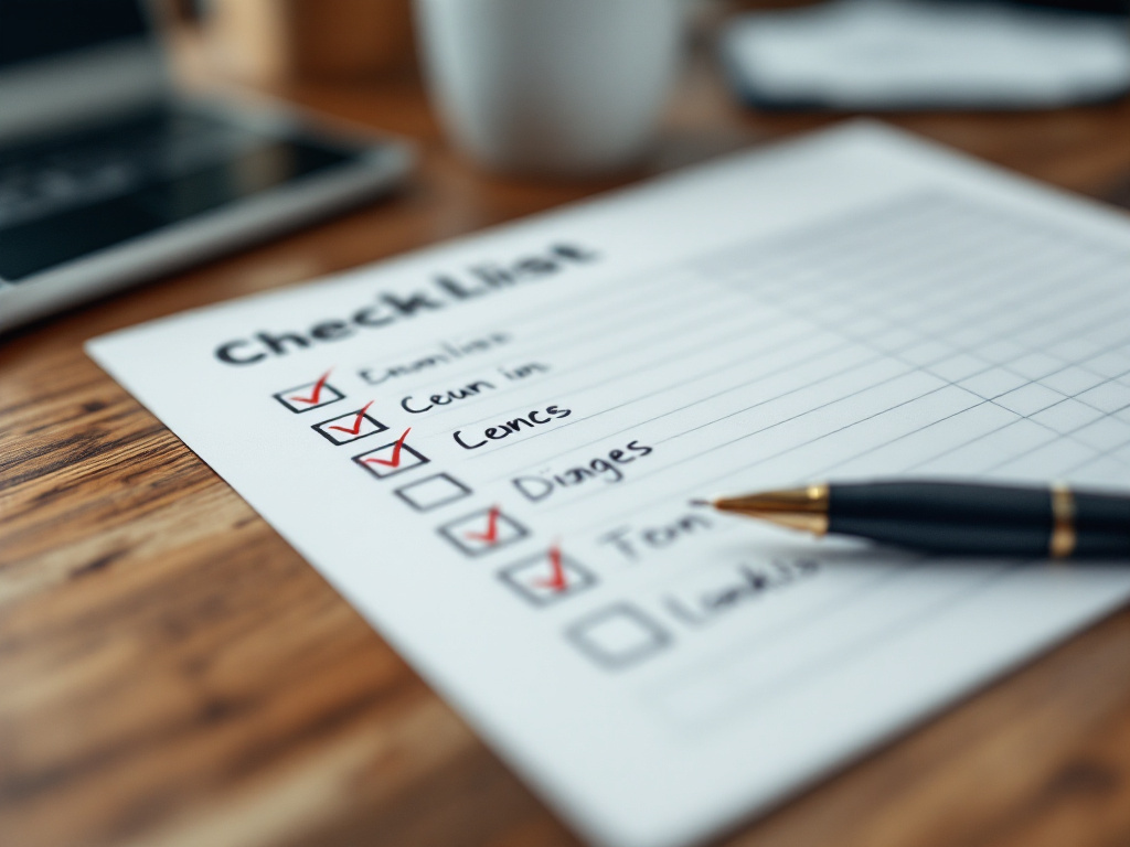 Close-up of a printed checklist on paper with red pen checkmarks and crossed-out lines on a wooden desk