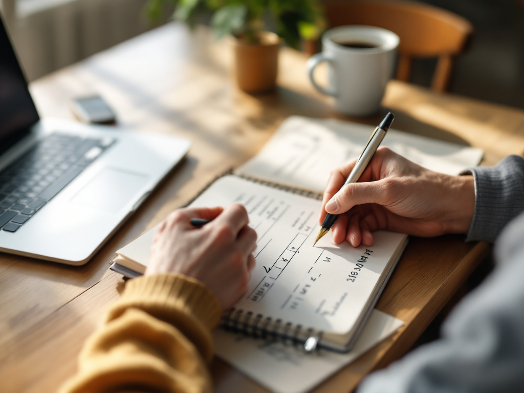 Hands with a pen marking tallies in a paper notebook beside a laptop and coffee mug on a wooden table