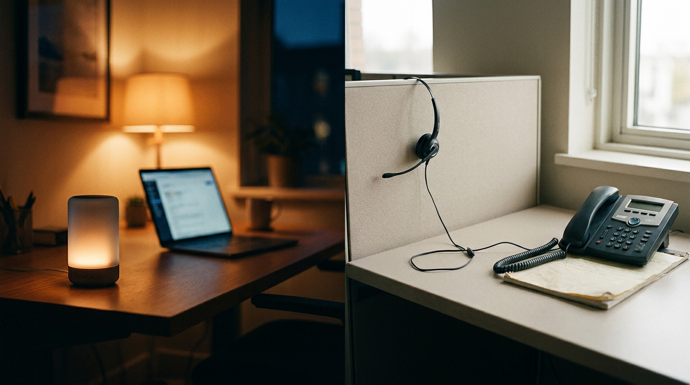 Vergelijking tussen een digitale AI receptionist en een traditionele antwoordservice op een kantoor