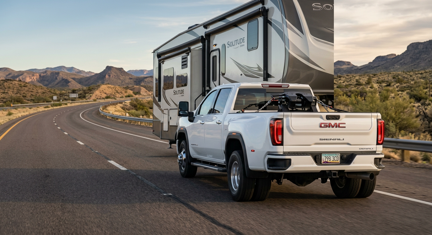 Photorealistic rear three-quarter view of a clean dual-rear-wheel diesel pickup towing a large fifth-wheel RV along a broa...