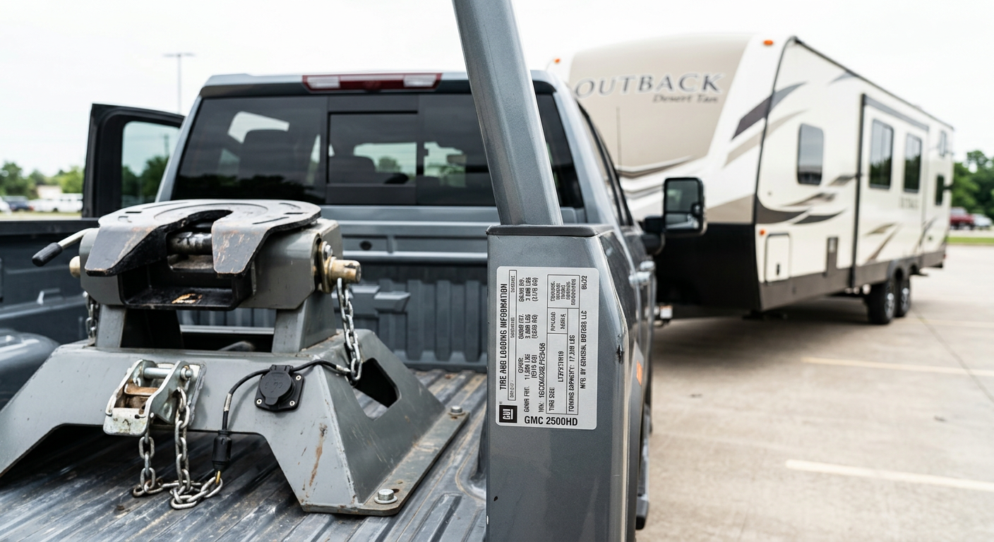 Photorealistic close-up of a diesel pickup’s driver-door certification label, fifth-wheel hitch, and loaded RV trailer in ...