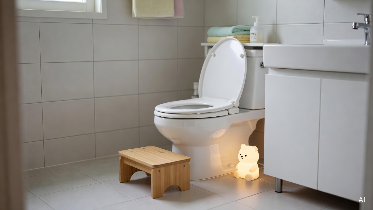 child's bathroom with small step stool and nightlight near toilet