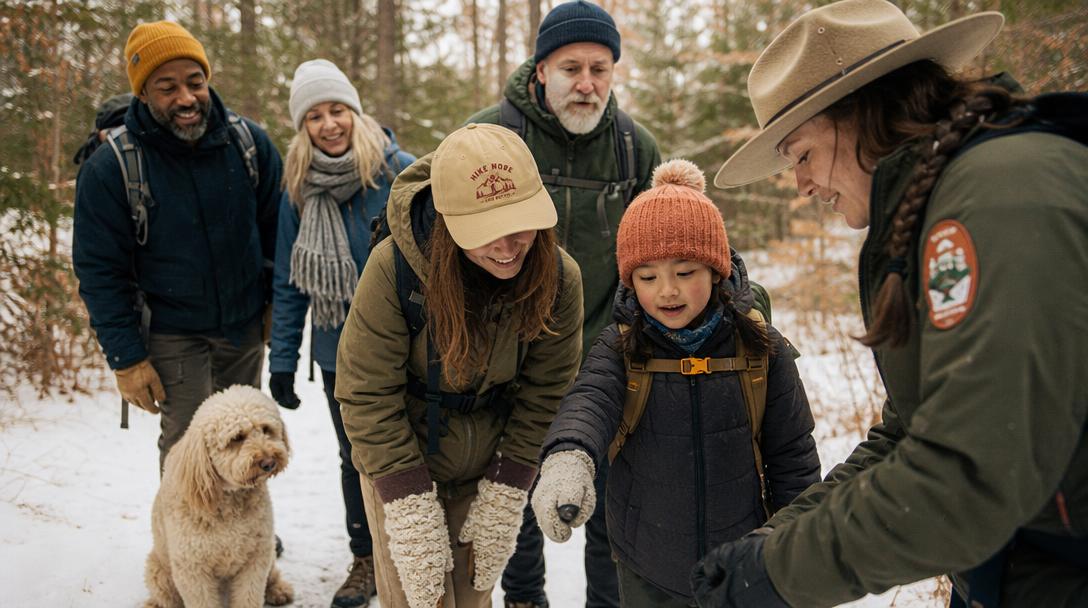 Group hiking on a trail during winter for First Day Hike