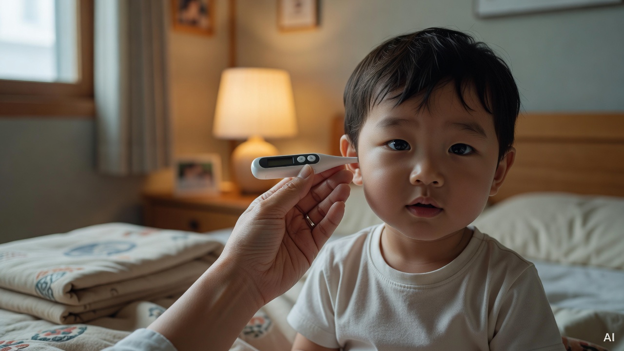 parent's hand gently placing a thermometer near a child's ear, with a bedside lamp in background