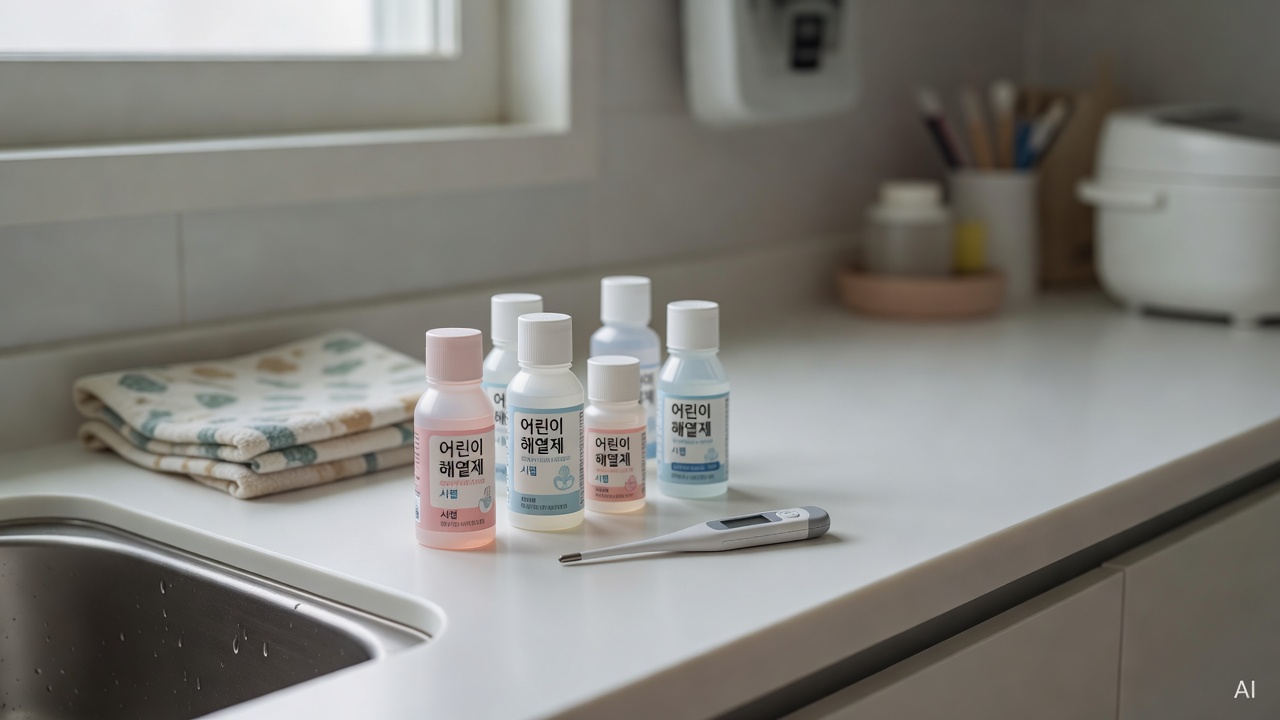 children's liquid medicine bottles and a thermometer on a white kitchen counter