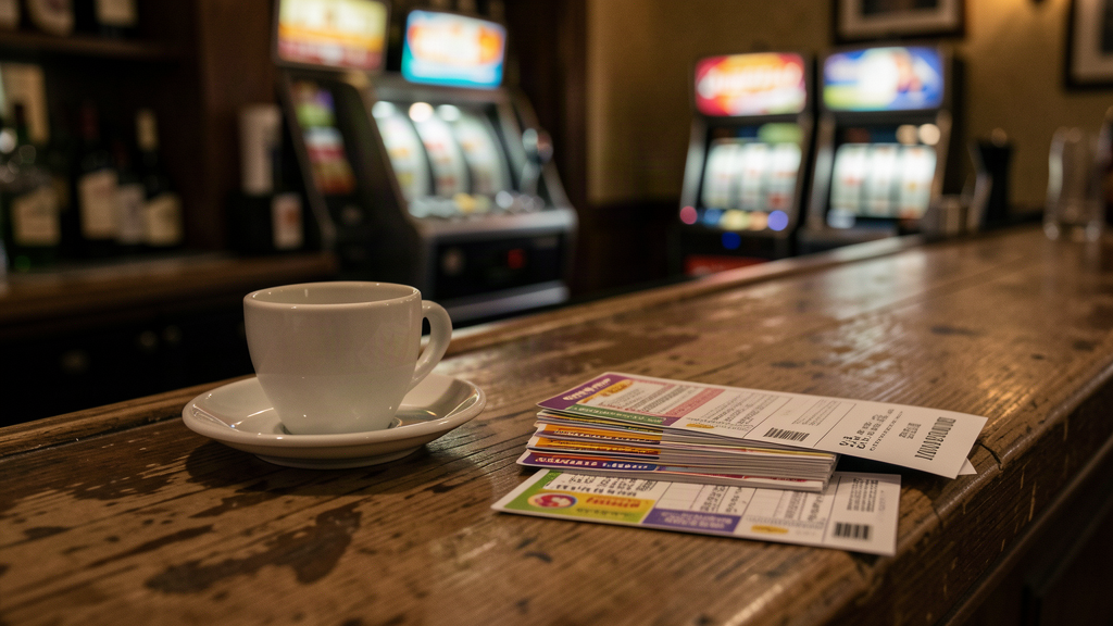 Bancone di un bar italiano con gratta e vinci e una schedina