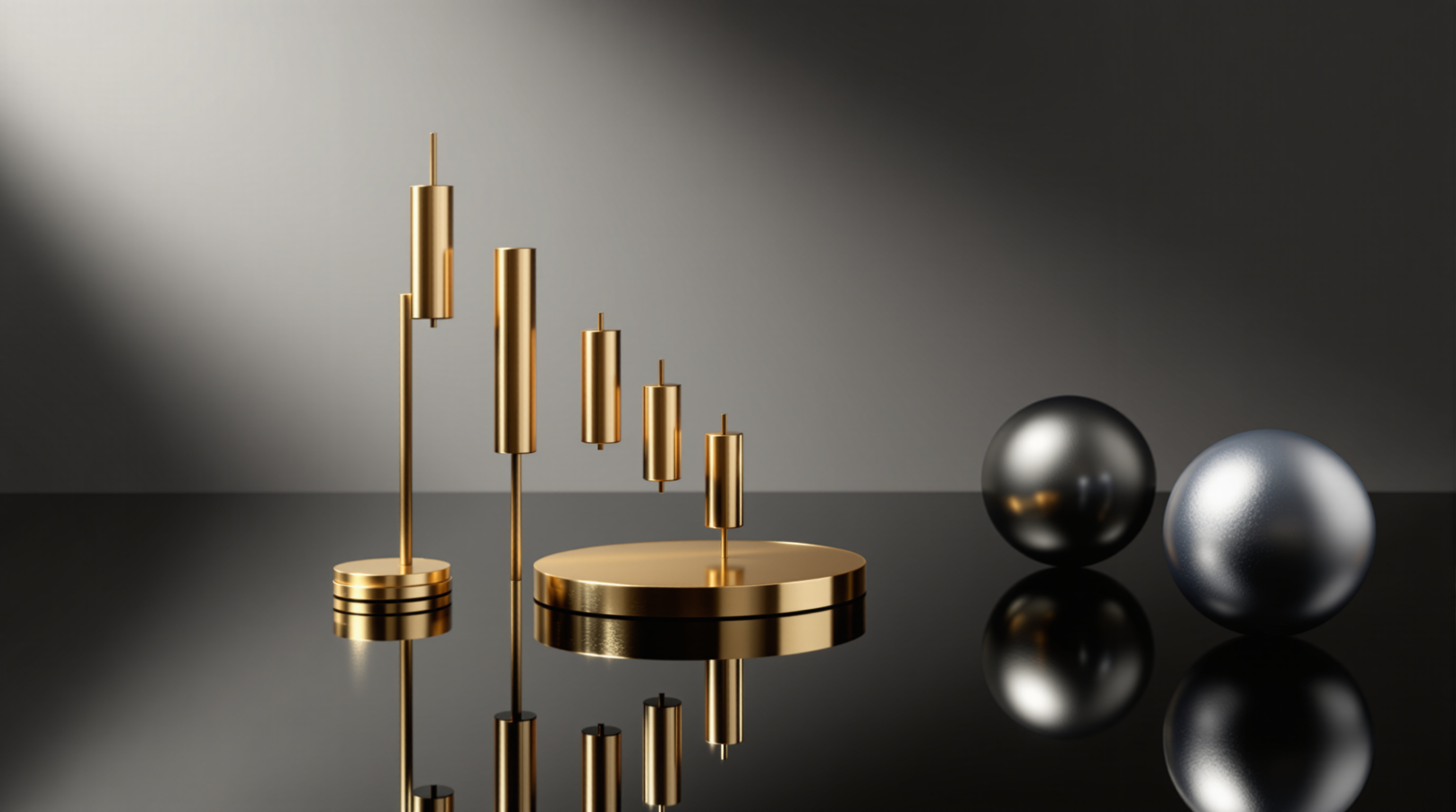 a polished black glass surface with three metallic market objects: a gold descending candlestick sculpture, a low brushed-gold coin disc, and a matte  — editorial cover artwork for the Knightron story on Markets Retreat As Treasury Yields Swing, Fed Minutes Signal
