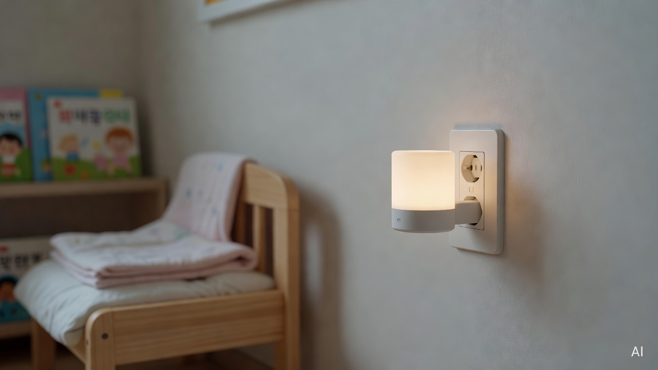 small nightlight plugged into wall socket in a dark baby room