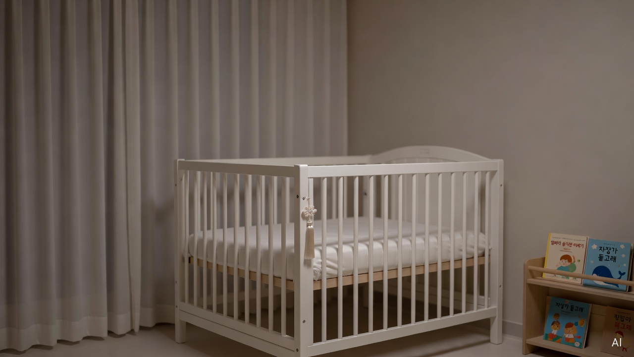 soft nursery room with dimmed lights, white crib, and blackout curtains at night