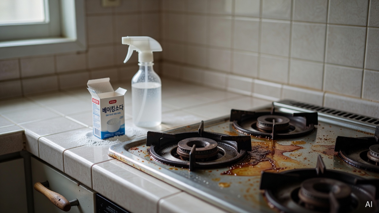 kitchen stove top covered with grease stains, baking soda and spray bottle placed nearby on a tiled countertop