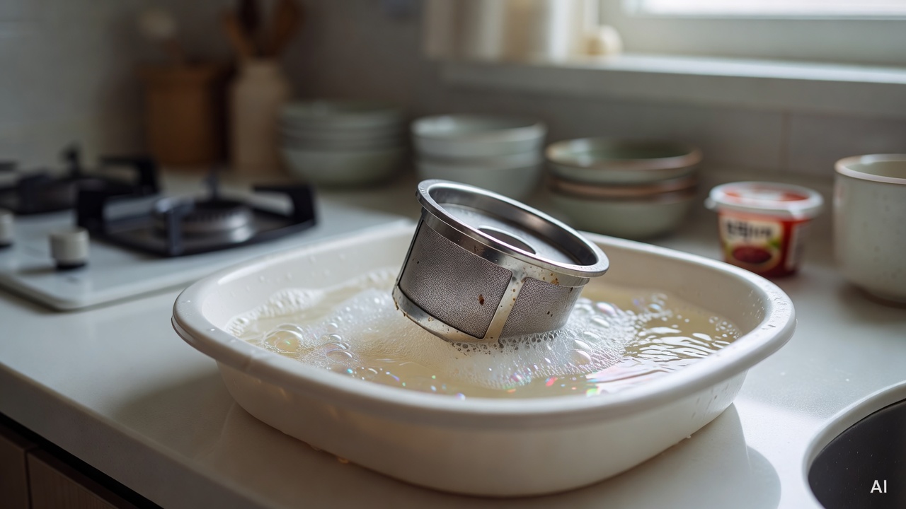 kitchen exhaust hood filter soaking in a basin with soapy water on a white kitchen counter