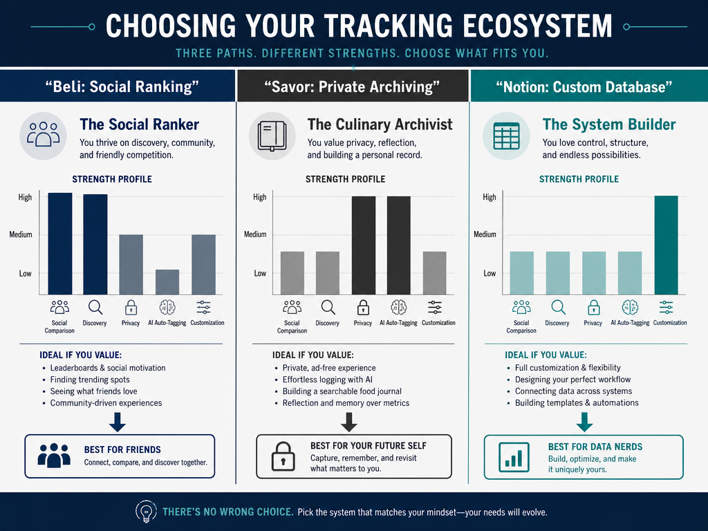 Comparison matrix for Beli, Savor, and Notion based on social features, privacy, AI capabilities, and customization levels.
