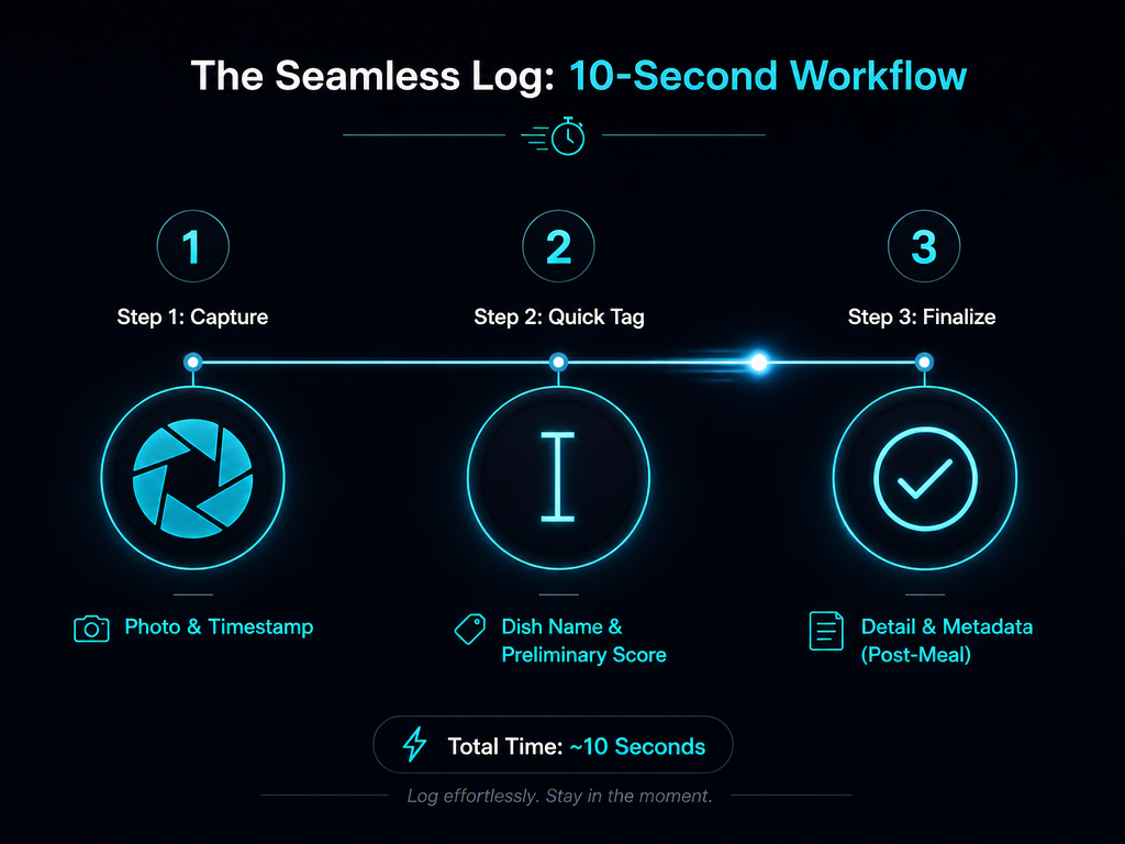 Three-step process flow for logging restaurant dishes: Capture photo, quick tag name and score, then finalize details later.