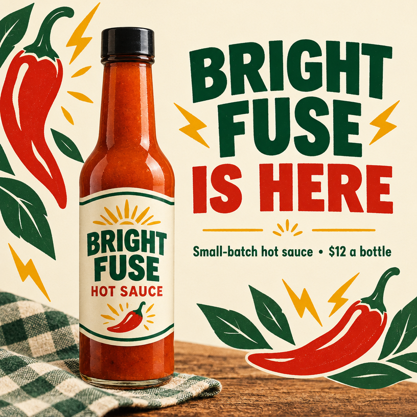 Bright Fuse Hot Sauce branded launch artwork
