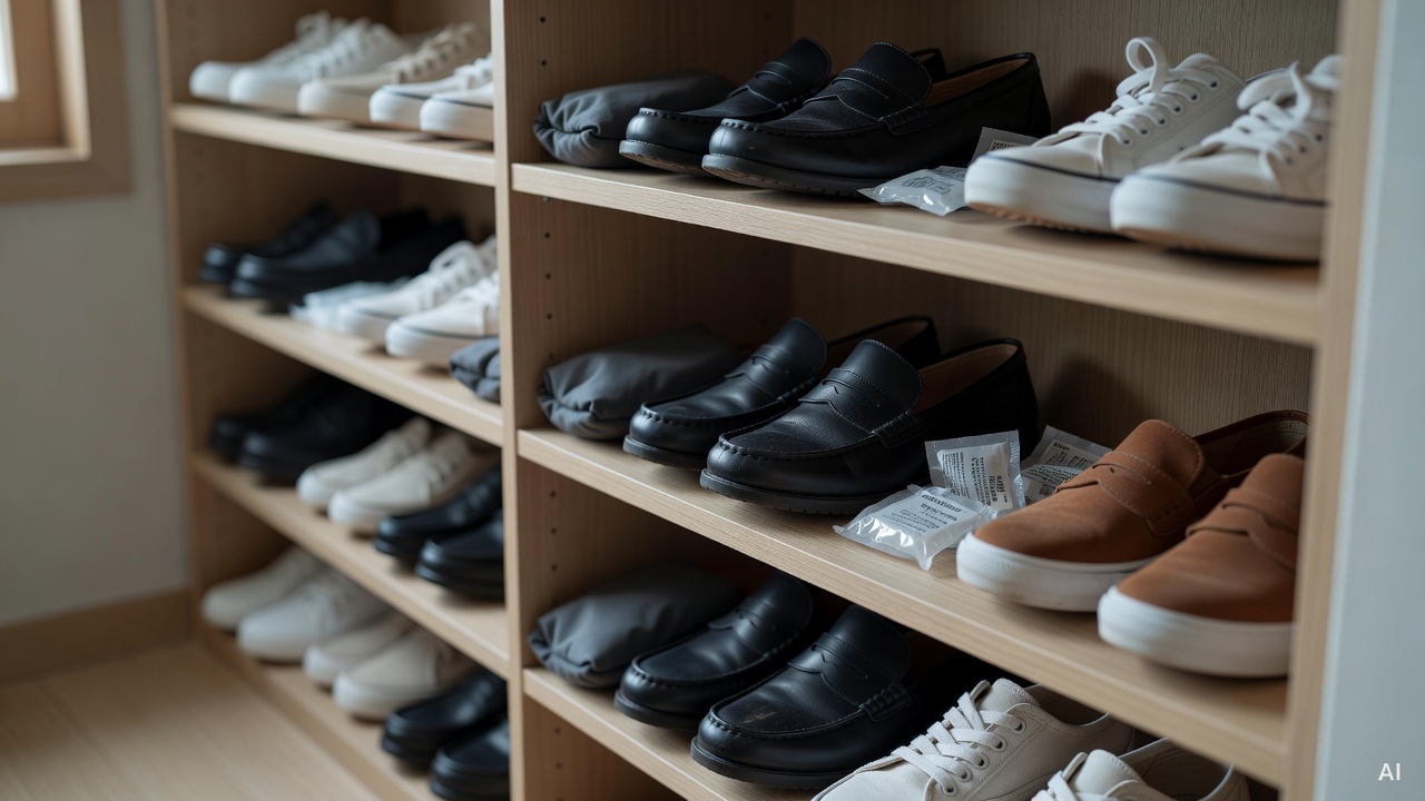 shoe shelves with charcoal bags, silica gel packets, and neatly arranged shoes