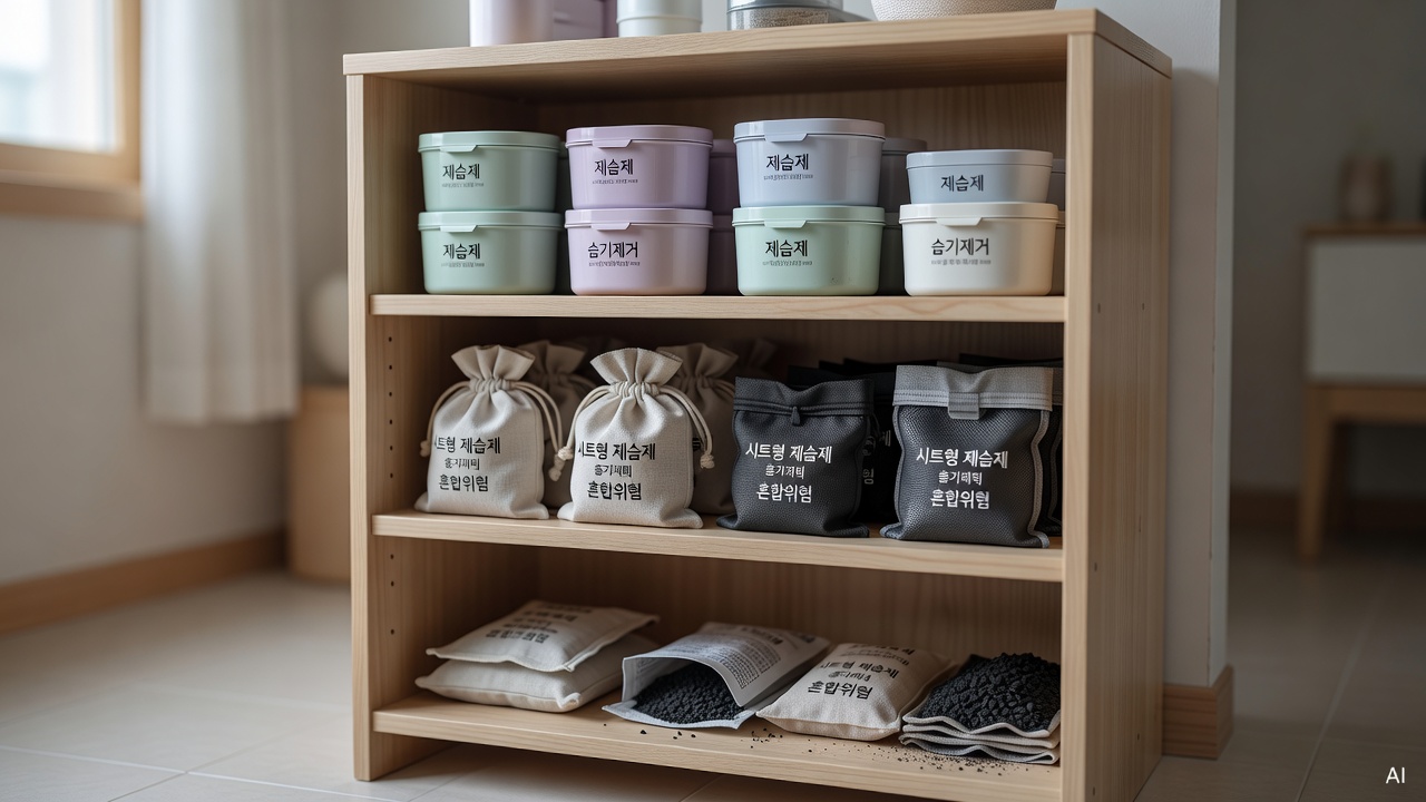 small shoe cabinet with dehumidifier products and charcoal bags arranged on shelves