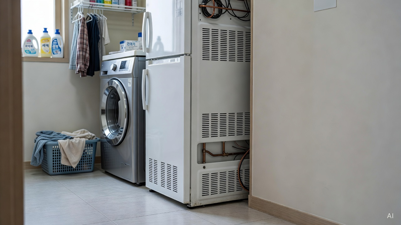 back of refrigerator showing ventilation space gap from wall, laundry room setting